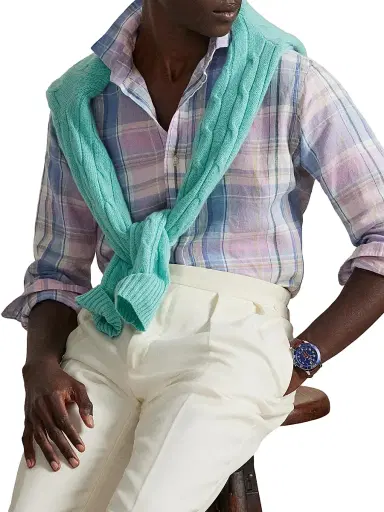 Polo Ralph Lauren Men's Slubby Linen Plaid Shirt - Pink Blue Multi | Thumbnail 5 Polo Ralph Lauren Men's Slubby Linen Plaid Shirt - Pink Blue Multi | Thumbnail 5
