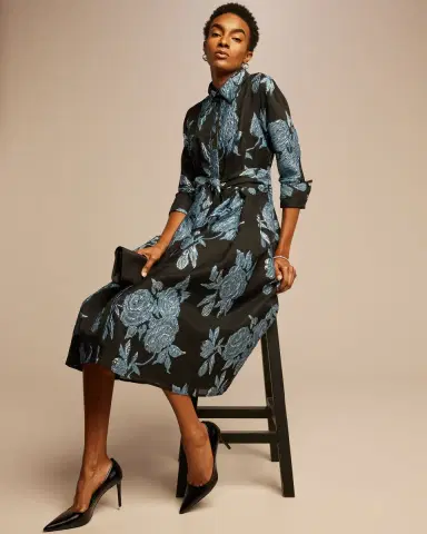 Rickie Freeman for Teri Jon Metallic Jacquard Belted Shirtdress | Thumbnail 4 Rickie Freeman for Teri Jon Metallic Jacquard Belted Shirtdress | Thumbnail 4