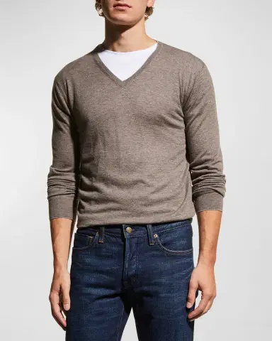 Neiman Marcus Men's Extra Lightweight Wool-Cashmere V-Neck Sweater | Thumbnail 4 Neiman Marcus Men's Extra Lightweight Wool-Cashmere V-Neck Sweater | Thumbnail 4
