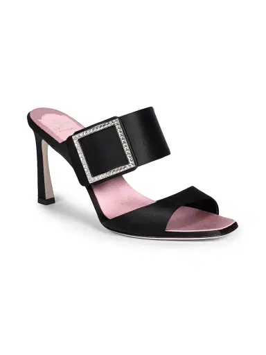 Roger Vivier Women's Trompette 85MM Strass Crystal Buckle Satin Mules - Black | Thumbnail 2 Roger Vivier Women's Trompette 85MM Strass Crystal Buckle Satin Mules - Black | Thumbnail 2