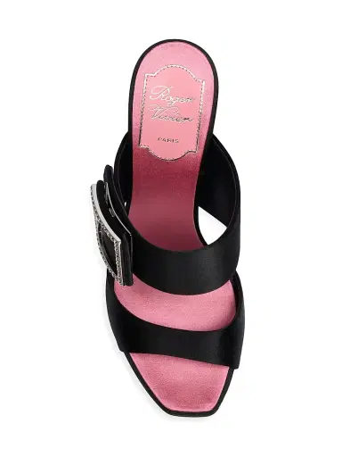 Roger Vivier Women's Trompette 85MM Strass Crystal Buckle Satin Mules - Black | Thumbnail 4 Roger Vivier Women's Trompette 85MM Strass Crystal Buckle Satin Mules - Black | Thumbnail 4