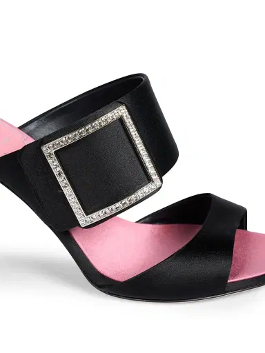Roger Vivier Women's Trompette 85MM Strass Crystal Buckle Satin Mules - Black | Thumbnail 6 Roger Vivier Women's Trompette 85MM Strass Crystal Buckle Satin Mules - Black | Thumbnail 6
