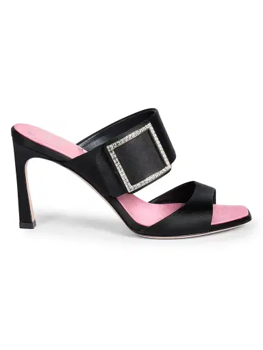 Roger Vivier Women's Trompette 85MM Strass Crystal Buckle Satin Mules - Black | Thumbnail 1 Roger Vivier Women's Trompette 85MM Strass Crystal Buckle Satin Mules - Black | Thumbnail 1