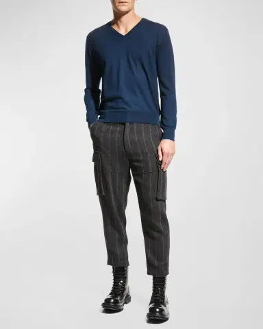 Neiman Marcus Men's Extra Lightweight Wool-Cashmere V-Neck Sweater | Thumbnail 2 Neiman Marcus Men's Extra Lightweight Wool-Cashmere V-Neck Sweater | Thumbnail 2