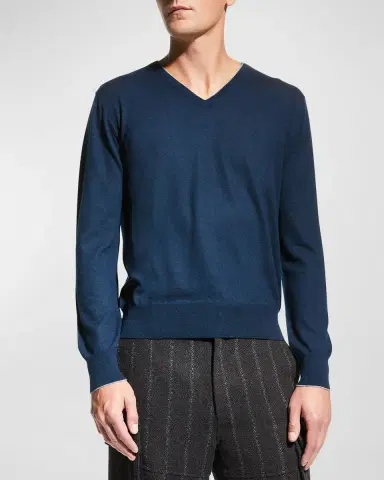 Neiman Marcus Men's Extra Lightweight Wool-Cashmere V-Neck Sweater | Thumbnail 4 Neiman Marcus Men's Extra Lightweight Wool-Cashmere V-Neck Sweater | Thumbnail 4