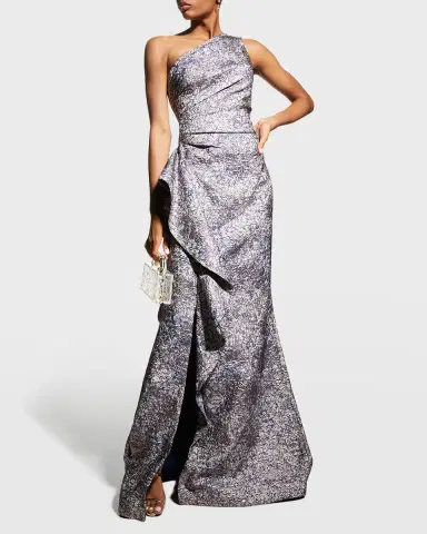 Rickie Freeman for Teri Jon One-Shoulder Jacquard Side-Ruffle Gown | Thumbnail 2 Rickie Freeman for Teri Jon One-Shoulder Jacquard Side-Ruffle Gown | Thumbnail 2