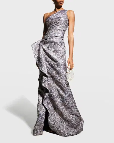 Rickie Freeman for Teri Jon One-Shoulder Jacquard Side-Ruffle Gown | Thumbnail 3 Rickie Freeman for Teri Jon One-Shoulder Jacquard Side-Ruffle Gown | Thumbnail 3