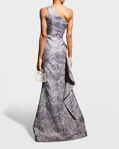 Rickie Freeman for Teri Jon One-Shoulder Jacquard Side-Ruffle Gown | Thumbnail 4 Rickie Freeman for Teri Jon One-Shoulder Jacquard Side-Ruffle Gown | Thumbnail 4
