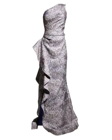 Rickie Freeman for Teri Jon One-Shoulder Jacquard Side-Ruffle Gown | Thumbnail 1 Rickie Freeman for Teri Jon One-Shoulder Jacquard Side-Ruffle Gown | Thumbnail 1
