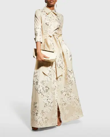 Rickie Freeman for Teri Jon Belted Jacquard Shirtdress Gown | Thumbnail 2 Rickie Freeman for Teri Jon Belted Jacquard Shirtdress Gown | Thumbnail 2