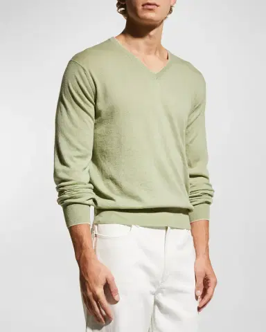 Neiman Marcus Men's Extra Lightweight Wool-Cashmere V-Neck Sweater | Thumbnail 4 Neiman Marcus Men's Extra Lightweight Wool-Cashmere V-Neck Sweater | Thumbnail 4