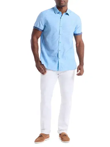 Robert Graham Men's Sutton Solid Linen-Cotton Shirt - Blue | Thumbnail 2 Robert Graham Men's Sutton Solid Linen-Cotton Shirt - Blue | Thumbnail 2