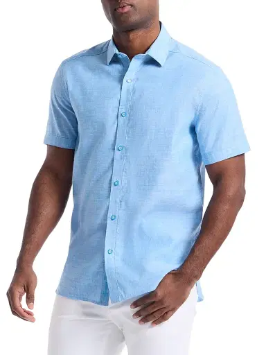 Robert Graham Men's Sutton Solid Linen-Cotton Shirt - Blue | Thumbnail 3 Robert Graham Men's Sutton Solid Linen-Cotton Shirt - Blue | Thumbnail 3