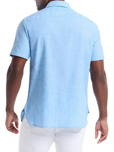 Robert Graham Men's Sutton Solid Linen-Cotton Shirt - Blue | Thumbnail 4 Robert Graham Men's Sutton Solid Linen-Cotton Shirt - Blue | Thumbnail 4