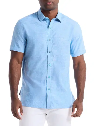 Robert Graham Men's Sutton Solid Linen-Cotton Shirt - Blue | Thumbnail 1 Robert Graham Men's Sutton Solid Linen-Cotton Shirt - Blue | Thumbnail 1