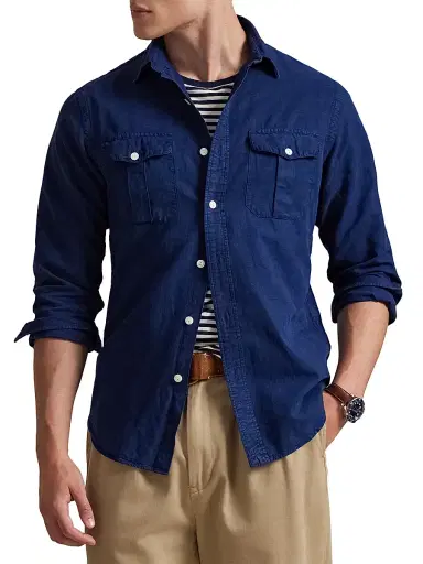 Polo Ralph Lauren Men's Linen-Silk Canvas Utility Shirt - Indigo | Thumbnail 3 Polo Ralph Lauren Men's Linen-Silk Canvas Utility Shirt - Indigo | Thumbnail 3