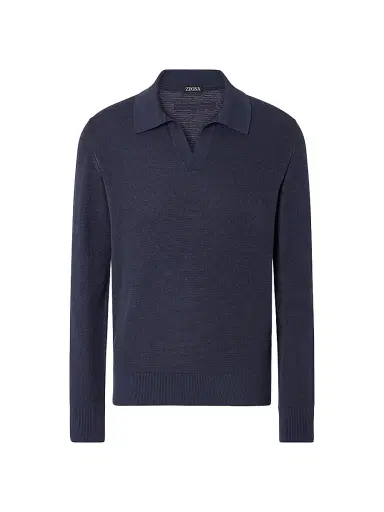 ZEGNA Men's Cashmere-Silk Polo Shirt - Dark Indigo Blue Melange | Thumbnail 1 ZEGNA Men's Cashmere-Silk Polo Shirt - Dark Indigo Blue Melange | Thumbnail 1