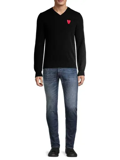 Comme des Garçons PLAY Men's Play Double Heart V-Neck Pullover - Black | Thumbnail 2 Comme des Garçons PLAY Men's Play Double Heart V-Neck Pullover - Black | Thumbnail 2