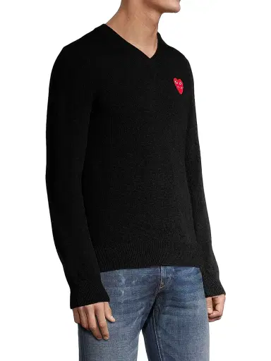 Comme des Garçons PLAY Men's Play Double Heart V-Neck Pullover - Black | Thumbnail 4 Comme des Garçons PLAY Men's Play Double Heart V-Neck Pullover - Black | Thumbnail 4