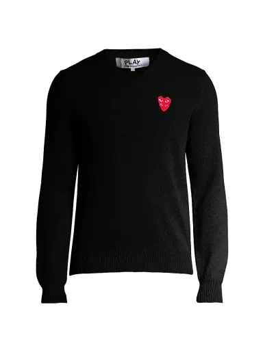 Comme des Garçons PLAY Men's Play Double Heart V-Neck Pullover - Black | Thumbnail 1 Comme des Garçons PLAY Men's Play Double Heart V-Neck Pullover - Black | Thumbnail 1
