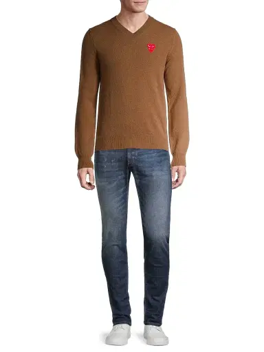 Comme des Garçons PLAY Men's Play Double Heart V-Neck Pullover - Brown | Thumbnail 2 Comme des Garçons PLAY Men's Play Double Heart V-Neck Pullover - Brown | Thumbnail 2
