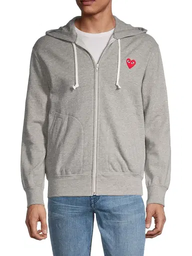 Comme des Garçons PLAY Men's Heathered Signature Logo Patch Jersey Hoodie - Grey | Thumbnail 3 Comme des Garçons PLAY Men's Heathered Signature Logo Patch Jersey Hoodie - Grey | Thumbnail 3