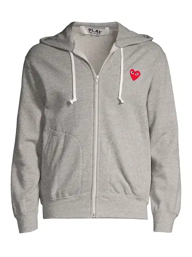 Comme des Garçons PLAY Men's Heathered Signature Logo Patch Jersey Hoodie - Grey | Thumbnail 1 Comme des Garçons PLAY Men's Heathered Signature Logo Patch Jersey Hoodie - Grey | Thumbnail 1