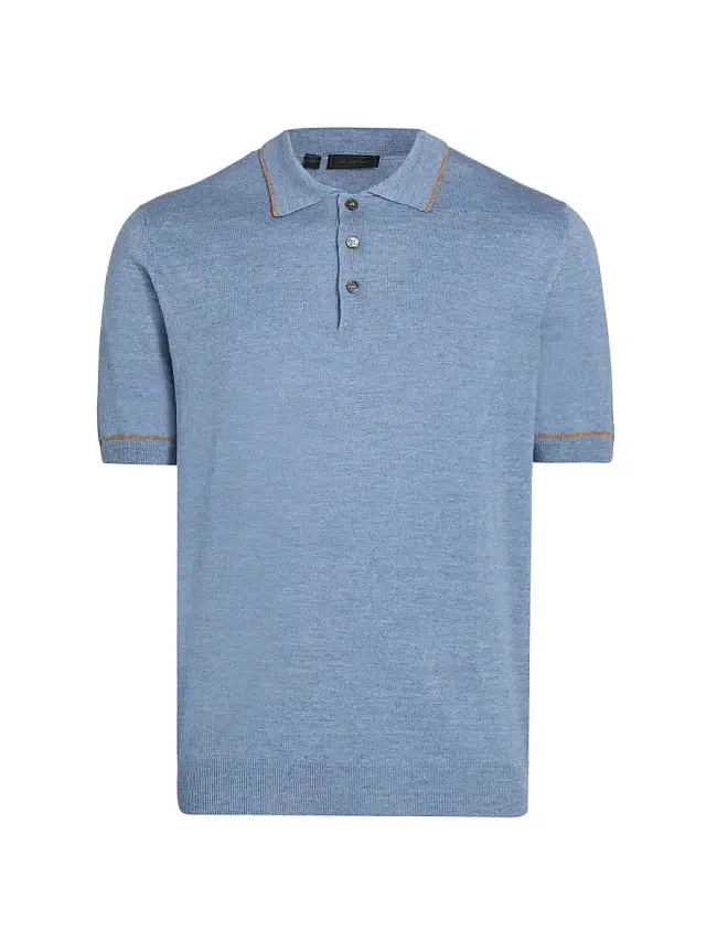 Men's COLLECTION Tipped Linen-Cotton Knit Polo Shirt - Azzurro Men's COLLECTION Tipped Linen-Cotton Knit Polo Shirt - Azzurro