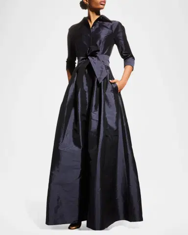 Rickie Freeman for Teri Jon 3/4-Sleeve Taffeta Shirtdress Gown | Thumbnail 3 Rickie Freeman for Teri Jon 3/4-Sleeve Taffeta Shirtdress Gown | Thumbnail 3