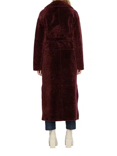Gorski Women's Reversible Textured Shearling Lamb Coat with Side Slits Belt - Burgundy - Size Small | Thumbnail 4 Gorski Women's Reversible Textured Shearling Lamb Coat with Side Slits Belt - Burgundy - Size Small | Thumbnail 4