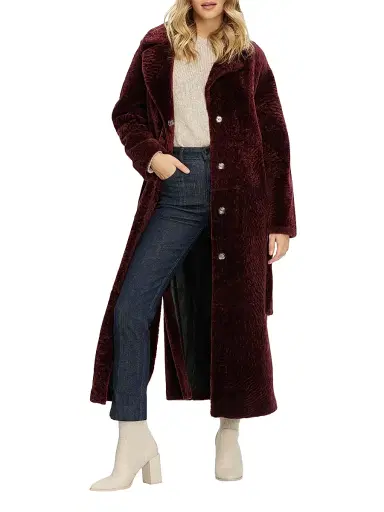 Gorski Women's Reversible Textured Shearling Lamb Coat with Side Slits Belt - Burgundy - Size Small | Thumbnail 5 Gorski Women's Reversible Textured Shearling Lamb Coat with Side Slits Belt - Burgundy - Size Small | Thumbnail 5