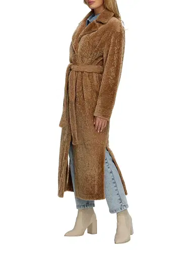 Gorski Women's Reversible Textured Shearling Lamb Coat with Side Slits Belt - Latte - Size XL | Thumbnail 3 Gorski Women's Reversible Textured Shearling Lamb Coat with Side Slits Belt - Latte - Size XL | Thumbnail 3