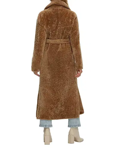 Gorski Women's Reversible Textured Shearling Lamb Coat with Side Slits Belt - Latte - Size XL | Thumbnail 4 Gorski Women's Reversible Textured Shearling Lamb Coat with Side Slits Belt - Latte - Size XL | Thumbnail 4