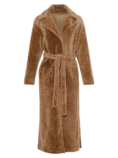 Gorski Women's Reversible Textured Shearling Lamb Coat with Side Slits Belt - Latte - Size XL | Thumbnail 1 Gorski Women's Reversible Textured Shearling Lamb Coat with Side Slits Belt - Latte - Size XL | Thumbnail 1