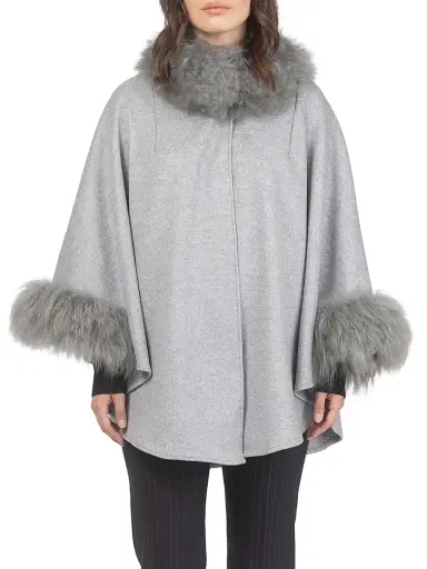 Gorski Women's Cashmere and Wool Blend Cape with Select Lamb Trim - Grey | Thumbnail 2 Gorski Women's Cashmere and Wool Blend Cape with Select Lamb Trim - Grey | Thumbnail 2