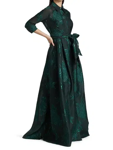 Teri Jon by Rickie Freeman Women's Three-Quarter Sleeve Metallic Jacquard Shirt Waist Gown - Emerald | Thumbnail 2 Teri Jon by Rickie Freeman Women's Three-Quarter Sleeve Metallic Jacquard Shirt Waist Gown - Emerald | Thumbnail 2