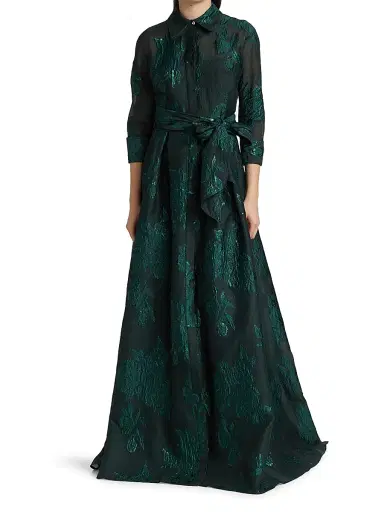 Teri Jon by Rickie Freeman Women's Three-Quarter Sleeve Metallic Jacquard Shirt Waist Gown - Emerald | Thumbnail 3 Teri Jon by Rickie Freeman Women's Three-Quarter Sleeve Metallic Jacquard Shirt Waist Gown - Emerald | Thumbnail 3