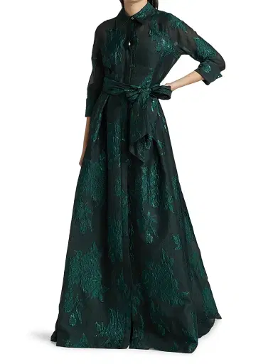Teri Jon by Rickie Freeman Women's Three-Quarter Sleeve Metallic Jacquard Shirt Waist Gown - Emerald | Thumbnail 4 Teri Jon by Rickie Freeman Women's Three-Quarter Sleeve Metallic Jacquard Shirt Waist Gown - Emerald | Thumbnail 4