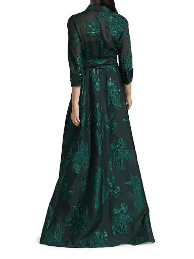 Teri Jon by Rickie Freeman Women's Three-Quarter Sleeve Metallic Jacquard Shirt Waist Gown - Emerald | Thumbnail 5 Teri Jon by Rickie Freeman Women's Three-Quarter Sleeve Metallic Jacquard Shirt Waist Gown - Emerald | Thumbnail 5