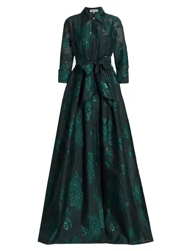 Teri Jon by Rickie Freeman Women's Three-Quarter Sleeve Metallic Jacquard Shirt Waist Gown - Emerald | Thumbnail 1 Teri Jon by Rickie Freeman Women's Three-Quarter Sleeve Metallic Jacquard Shirt Waist Gown - Emerald | Thumbnail 1