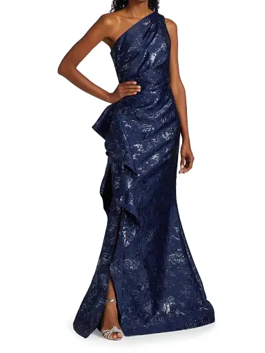 Teri Jon by Rickie Freeman Women's Jacquard One-Shoulder Gown - Sky Blue | Thumbnail 2 Teri Jon by Rickie Freeman Women's Jacquard One-Shoulder Gown - Sky Blue | Thumbnail 2