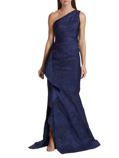Teri Jon by Rickie Freeman Women's Metallic Jacquard One-Shoulder Gown - Black Blue | Thumbnail 2 Teri Jon by Rickie Freeman Women's Metallic Jacquard One-Shoulder Gown - Black Blue | Thumbnail 2