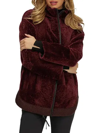 Gorski Women's Reversible Textured Shearling Lamb Zip Parka with Ribbed Hem - Burgundy - Size Large | Thumbnail 2 Gorski Women's Reversible Textured Shearling Lamb Zip Parka with Ribbed Hem - Burgundy - Size Large | Thumbnail 2