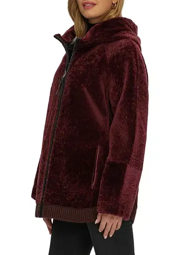 Gorski Women's Reversible Textured Shearling Lamb Zip Parka with Ribbed Hem - Burgundy - Size Large | Thumbnail 3 Gorski Women's Reversible Textured Shearling Lamb Zip Parka with Ribbed Hem - Burgundy - Size Large | Thumbnail 3