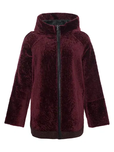 Gorski Women's Reversible Textured Shearling Lamb Zip Parka with Ribbed Hem - Burgundy - Size Large | Thumbnail 1 Gorski Women's Reversible Textured Shearling Lamb Zip Parka with Ribbed Hem - Burgundy - Size Large | Thumbnail 1