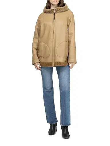 Gorski Women's Reversible Textured Shearling Lamb Zip Parka with Ribbed Hem - Latte - Size XL | Thumbnail 5 Gorski Women's Reversible Textured Shearling Lamb Zip Parka with Ribbed Hem - Latte - Size XL | Thumbnail 5