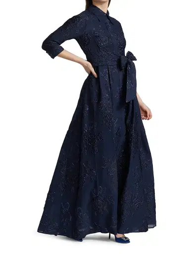 Teri Jon by Rickie Freeman Women's Three-Quarter Sleeve Metallic Jacquard Shirt Waist Gown - Navy | Thumbnail 2 Teri Jon by Rickie Freeman Women's Three-Quarter Sleeve Metallic Jacquard Shirt Waist Gown - Navy | Thumbnail 2