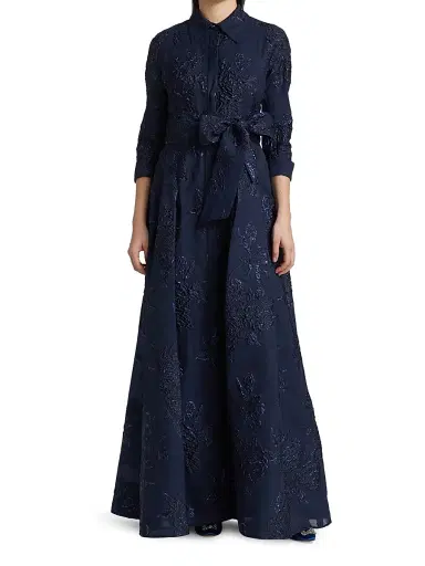 Teri Jon by Rickie Freeman Women's Three-Quarter Sleeve Metallic Jacquard Shirt Waist Gown - Navy | Thumbnail 3 Teri Jon by Rickie Freeman Women's Three-Quarter Sleeve Metallic Jacquard Shirt Waist Gown - Navy | Thumbnail 3
