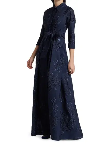 Teri Jon by Rickie Freeman Women's Three-Quarter Sleeve Metallic Jacquard Shirt Waist Gown - Navy | Thumbnail 4 Teri Jon by Rickie Freeman Women's Three-Quarter Sleeve Metallic Jacquard Shirt Waist Gown - Navy | Thumbnail 4