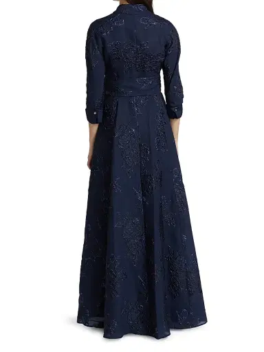 Teri Jon by Rickie Freeman Women's Three-Quarter Sleeve Metallic Jacquard Shirt Waist Gown - Navy | Thumbnail 5 Teri Jon by Rickie Freeman Women's Three-Quarter Sleeve Metallic Jacquard Shirt Waist Gown - Navy | Thumbnail 5